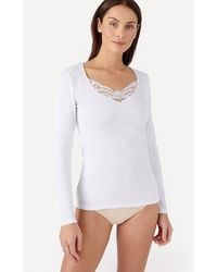 DAMART - Thermal Medium Warmth V-Neck Lace Trim Long-Sleeved T-Shirt - Lyst