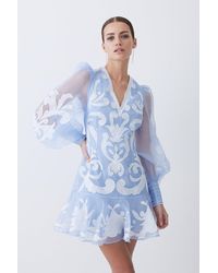 Karen Millen - Petite Applique Organdie Buttoned Woven Mini Dress - Lyst