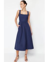 WOVCOR - Square Neck Thick Strap Midi Dress W/ Corset Seam Detail - Lyst