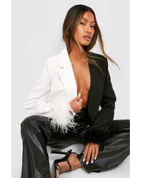 Boohoo - Mono Double Breasted Feather Trim Blazer - Lyst
