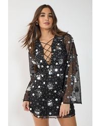 Nasty Gal - Disc Cluster Embellished Lace Up Fluted Sleeve Mini Dress - Lyst