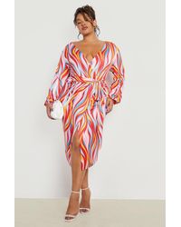 Boohoo - Plus Printed Slinky Stripe Wrap Midi Dress - Lyst