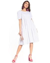 Love Lace - Boat Neck Midi Dress Short Puff Sleeves - Lyst