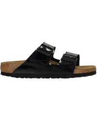 Birkenstock Arizona Platform Patent Black Slider Flat Sandals | Lyst