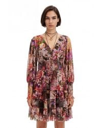 Desigual - Short Dress With Long Puffed Sleeves And Floral Print. Polyester - Lyst