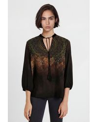 Desigual - Gemusterte Bluse Mit Dreiviertelärmeln, Viskose, Schwarz - Lyst