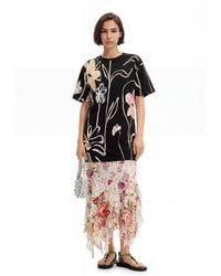 Desigual - Robe Courte À Fleurs Illustrées, Coton, Noir - Lyst