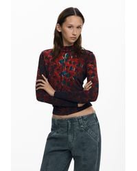 Desigual - T-Shirt Mit Blättern Und Nähten, Damen, Viskose, Rot - Lyst