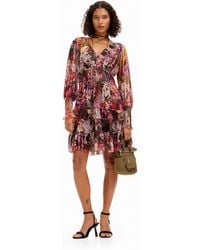 Desigual - Short Dress With Long Puffed Sleeves And Floral Print. - Lyst