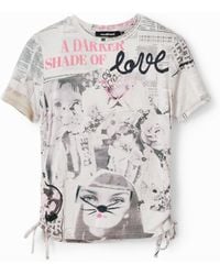 Desigual - Slim Gathered Newspaper T-Shirt, Acetate - Lyst
