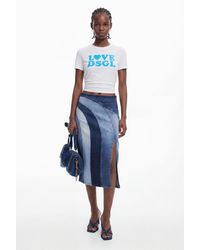 Desigual - Denim Midi Skirt With Panels, Cotton - Lyst