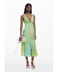 Desigual - Vestido Largo Botones, Viscosa, Verde - Lyst