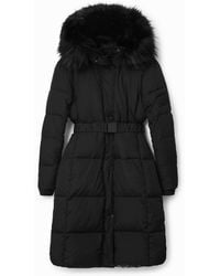 Desigual - Cappotto Imbottito Con Cintura Lunga, Poliestere, Nero - Lyst
