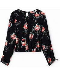 Desigual - Blouse À Manches Réglables Fleurie, Viscose, Noir - Lyst