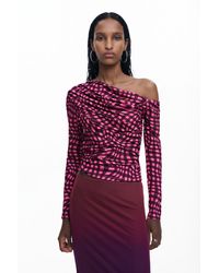 Desigual - Asymmetric T-Shirt With Psychedelic Checks, Polyester - Lyst
