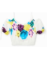 Desigual - Blouse Courte Froncée Fleurs M.Christian Lacroix, Viscose, Blanc - Lyst