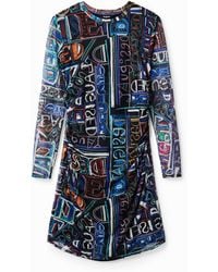 Desigual - Lettering Bodycon Tulle Long Sleeved Writing Dress 23swvk23 Black - Lyst