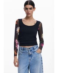 Desigual - T-Shirt With Printed Sleeves - Lyst