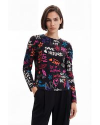 Desigual - Balloon-Sleeve Blouse With Text, Cotton - Lyst
