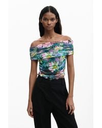 Desigual - Floral Boat Neck T-Shirt, Polyester - Lyst