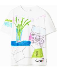Desigual - T-Shirt With Printed Drawings, Cotton - Lyst