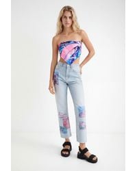 Desigual - Straight Cropped Jeans With Patches, Cotton - Lyst