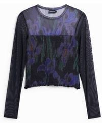 Desigual - Camiseta Manga Larga Tul Fruncido, Mujer, Poliester, Negro - Lyst