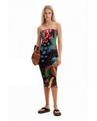 Desigual - Jungle Design Bandeau Midi Dress, Polyester - Lyst