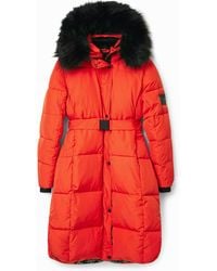 Desigual - Long Padded Coat With Belt - Lyst