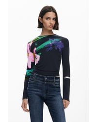 Desigual - T-Shirt À Manches Longues À Fleurs, Femme, Viscose, Noir - Lyst