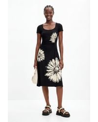 Desigual - Short-Sleeved Midi Dress With Neckline And Daisies. Viscose - Lyst