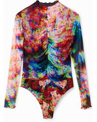 Desigual - Ruched Floral Tulle Bodysuit, Polyester - Lyst