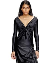 DIESEL - Long Sleeved Gathered V-Neck Top With Chintz Finish - Lyst