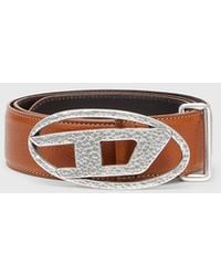 DIESEL - 4Cm Leather Belt With Hammered Oval D Buckle - Lyst