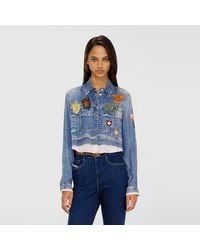 DIESEL - Cropped Satin Shirt With Trompe-L'Oeil Denim Print - Lyst