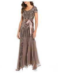 R & M Richards R M Richards Petite Size Embroidered Sequin Lace Sweetheart Satin Belt Waist Godet Mermaid Gown - Metallic