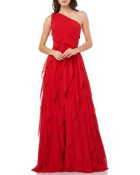 Carmen Marc Valvo One-shoulder Asymmetric Tiered Evening Gown