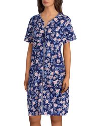Miss Elaine French Terry Floral Print Zip-front Short Robe - Blue