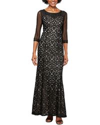 Alex Evenings Lace Beaded Illusion Evening Gown - Black