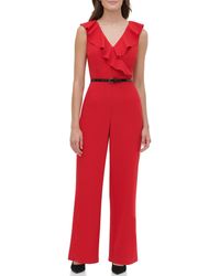 Tommy Hilfiger Scuba Crepe Ruffle Neck Belted Jumpsuit - Red