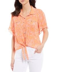 Democracy Womens Embroidered Floral Twist Front Top Medium Off White Multi