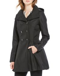 Calvin Klein Skirted Water Resistant Double Breasted Peplum Hooded Rain Coat - Black