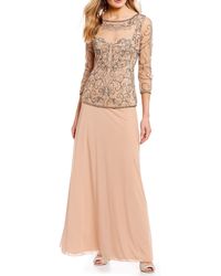 Pisarro Nights Sheer Beaded Bodice 34 Sleeve A-line Gown - Multicolour