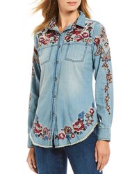 Tasha Polizzi Margaret Rose Embroidered Floral Detail Fringe Hem Snap Front Cotton Shirt - Blue