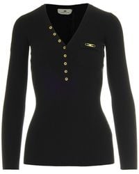 Elisabetta Franchi - Maglia A Costine Con Taschino Nero - Lyst