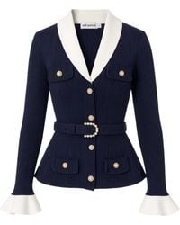 Self-Portrait - Ribbed Knit Cardigan With Contrast Collar And Pearl Accents - Lyst