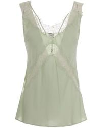 Pinko - Celadon Twill Viscose Top With Intricate Lace Inserts - Lyst