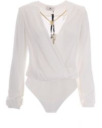 Elisabetta Franchi - Long-Sleeved V-Neck Bodysuit With Structured Shoulders And Detachable Necklace - Lyst