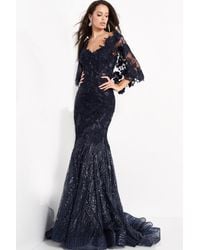 Jovani - Lace Cape Sleeve-floral Embroidered Gown - Lyst