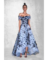 Marchesa Strapless Tulle High Low Gown With Tulle Wrap - Blue